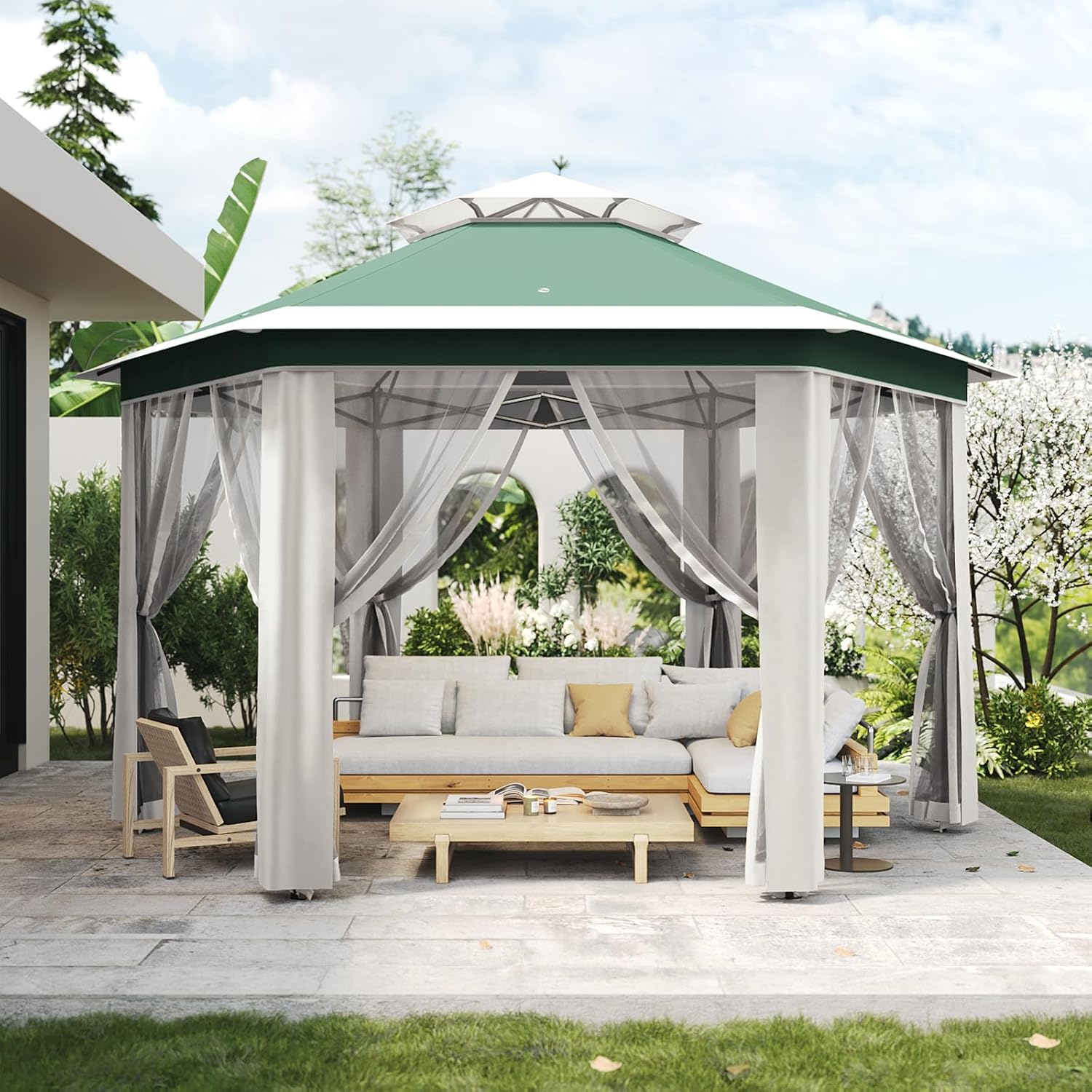 Pop-Up Gazebo 13 * 13 ft 6 Sided, Canopy Tent with Mesh Windows & Portable Carry Bag, Adjustable Tent Outdoor Pergola for Backyard & Patio Furniture (Green + Beige)