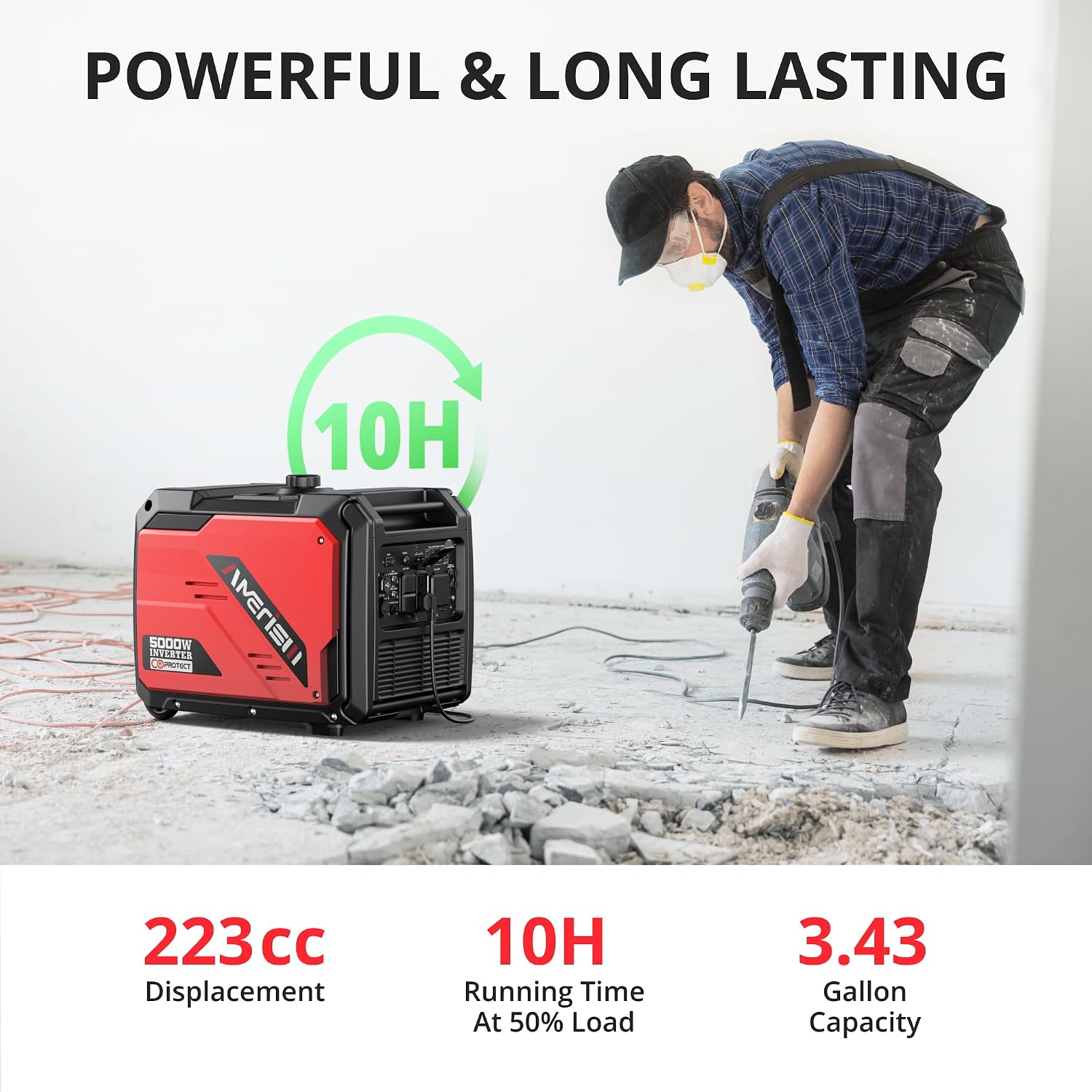 AMERISUN 5000W Inverter Generator Gas Powered, CO Sensor, Super Quiet Gas Generator with RV Ready 30A Outlet, Wheels Handle Kit, Parallel Capable for Home Backup Emergency Use Camping, EPA Compliant
