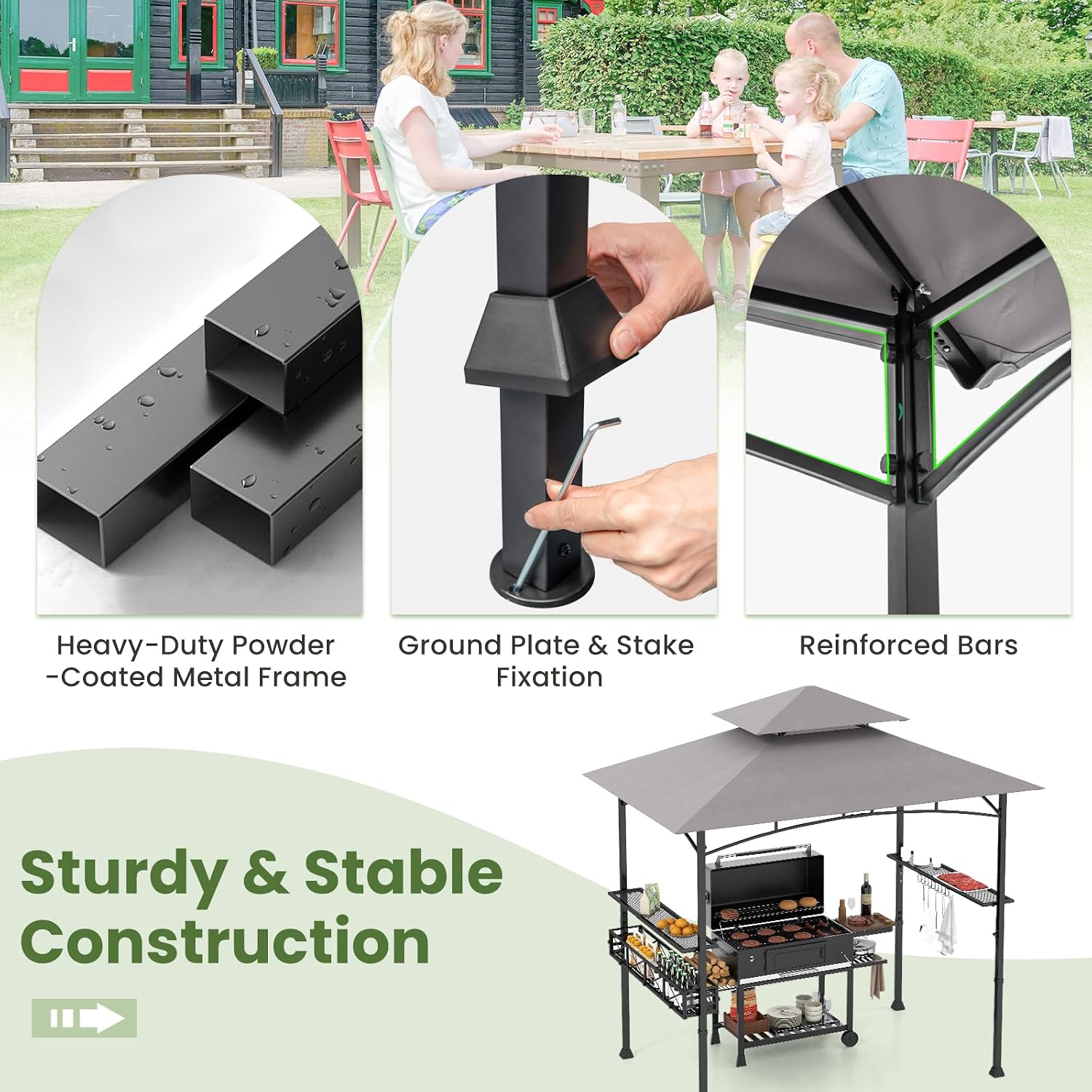 HAPPYGRILL 8 x 5 FT BBQ Grill Gazebo with 2 Side Shelves, Storage Basket, Hanging Hooks, Bottle Opener, Double-Tiered Top, Metal Frame, Outdoor Barbecue Canopy, Grilling Shelter for Patio Garden Yard