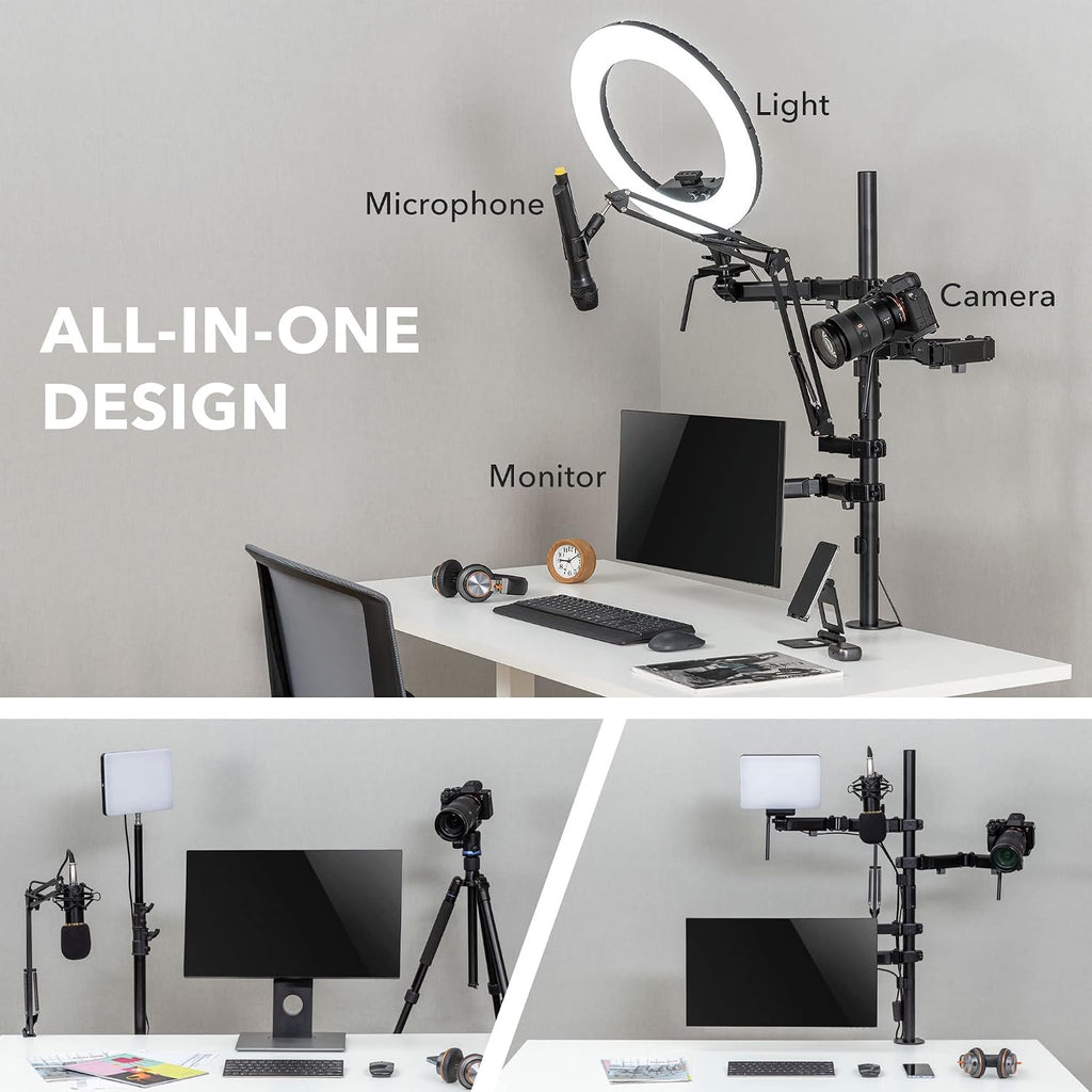 Mount-It! All-in-One Streaming Desk Mount – 4 Arm Setup for Monitor, Camera, Ring Light & Mic – Live Stream Equipment for YouTube, Podcast, Gaming, Zoom – VESA Compatible, Clamp/Grommet Base