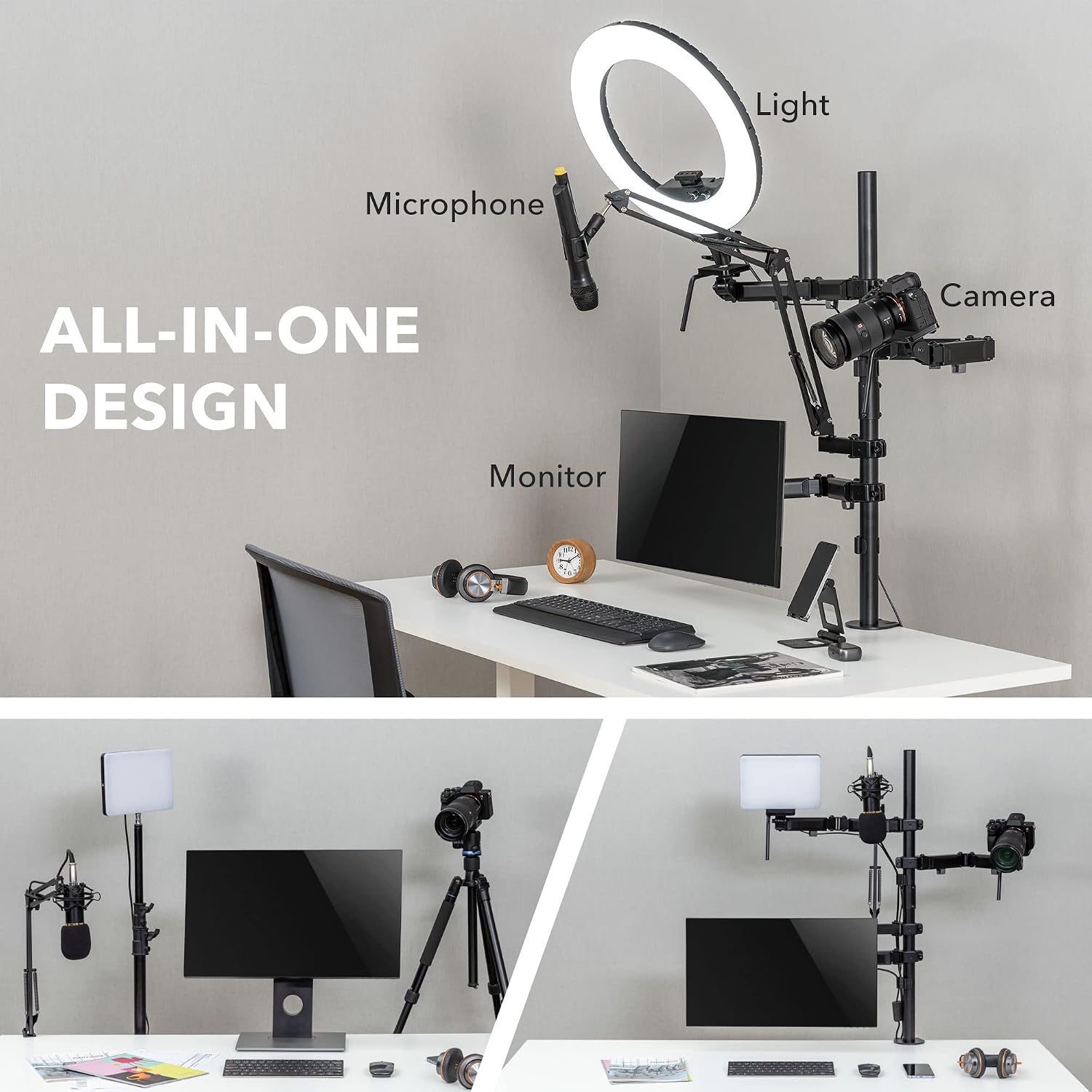 Mount-It! All-in-One Streaming Desk Mount – 4 Arm Setup for Monitor, Camera, Ring Light & Mic – Live Stream Equipment for YouTube, Podcast, Gaming, Zoom – VESA Compatible, Clamp/Grommet Base
