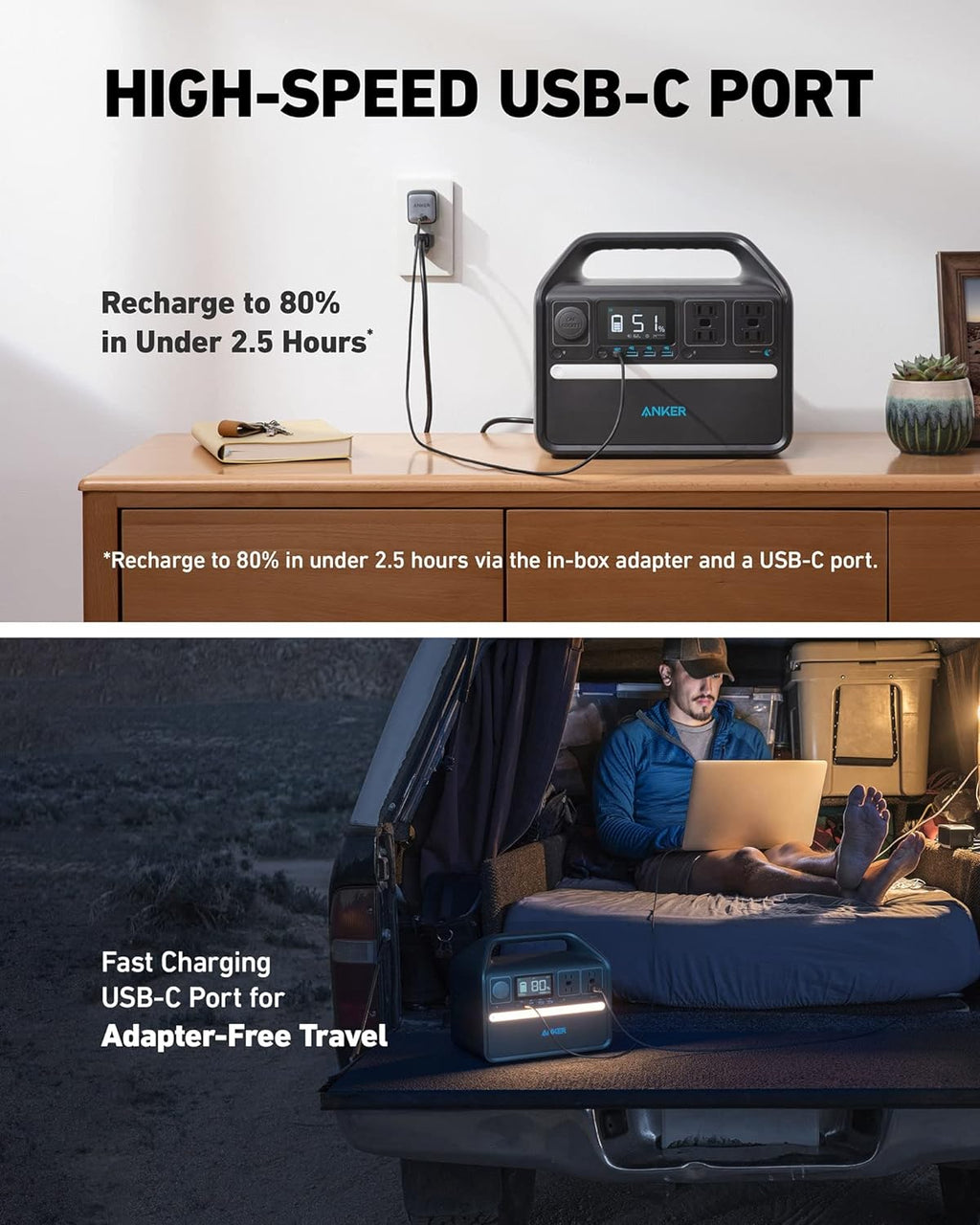 Anker 535 Portable Power Station with Carrying Case Bag, 512Wh Solar Generator (Solar Panel Optional),500W 9-Port Powerhouse, 4 AC Outlets, 60W USB-C PD Output, LED Light for Outdoor Camping, RV