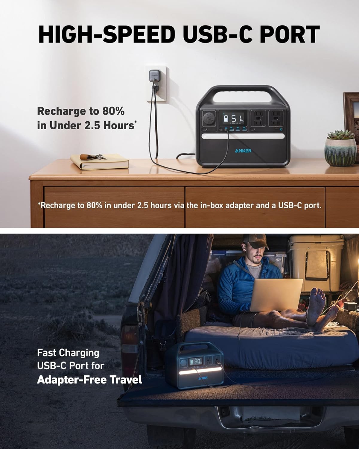 Anker 535 Portable Power Station with Carrying Case Bag, 512Wh Solar Generator (Solar Panel Optional),500W 9-Port Powerhouse, 4 AC Outlets, 60W USB-C PD Output, LED Light for Outdoor Camping, RV