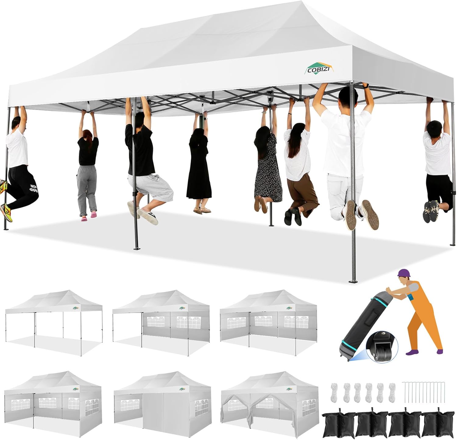 COBIZI 10x20 Heavy Duty Pop up Canopy Tent with 6 sidewalls Easy Up Commercial Outdoor Wedding Party Tents for Parties All Season Wind & Waterproof Gazebo Roller Bag, White(Frame Thickened)