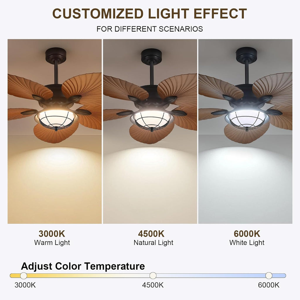 PHORUS 52' Waterproof Outdoor Palm Leaf Ceiling Fans with Lights and Remote,Wet Rated Tropical Ceiling Fans for Patios Porch Gazebo Pergola