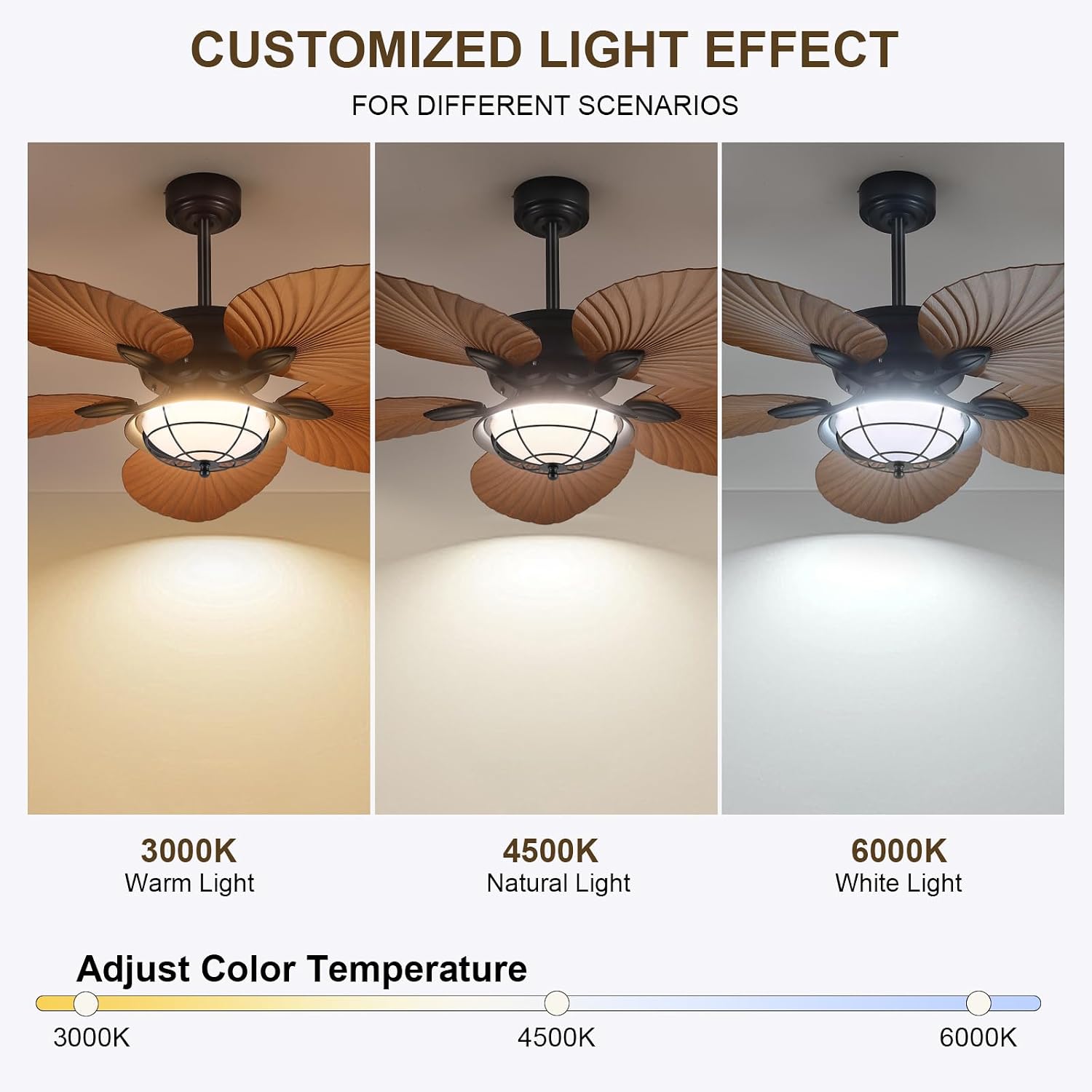 PHORUS 52' Waterproof Outdoor Palm Leaf Ceiling Fans with Lights and Remote,Wet Rated Tropical Ceiling Fans for Patios Porch Gazebo Pergola