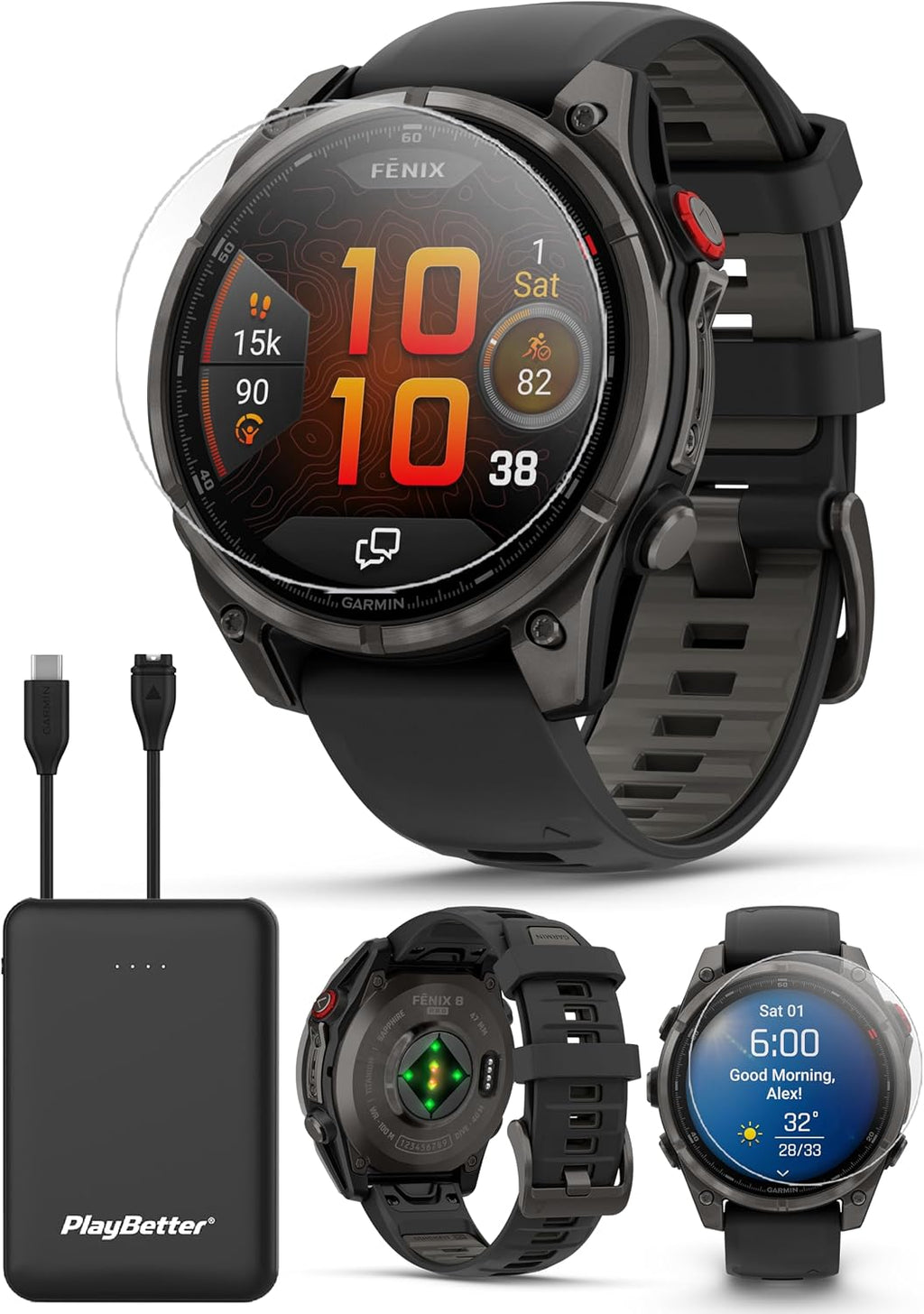 PlayBetter Garmin Fenix 8 Pro AMOLED Sapphire (47mm, Carbon Gray DLC Titanium) Multisport GPS Smartwatch Bundle - 1.4' Touchscreen, inReach Technology Portable Charger & Screen Protectors