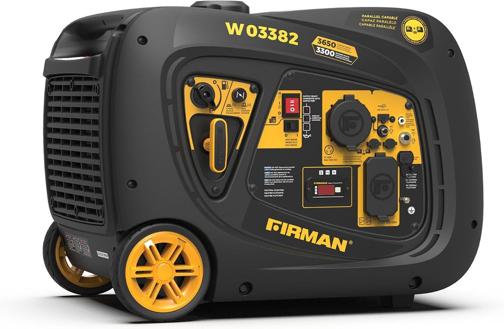 FIRMAN W03382 Gas Inverter Portable Generator, 3650W Electric Start Power, Quiet Whisper Series Muffler, Fuel Efficient Eco Mode, RV Ready 120V Output, Camping Outdoor Recreation, Home Backup Use