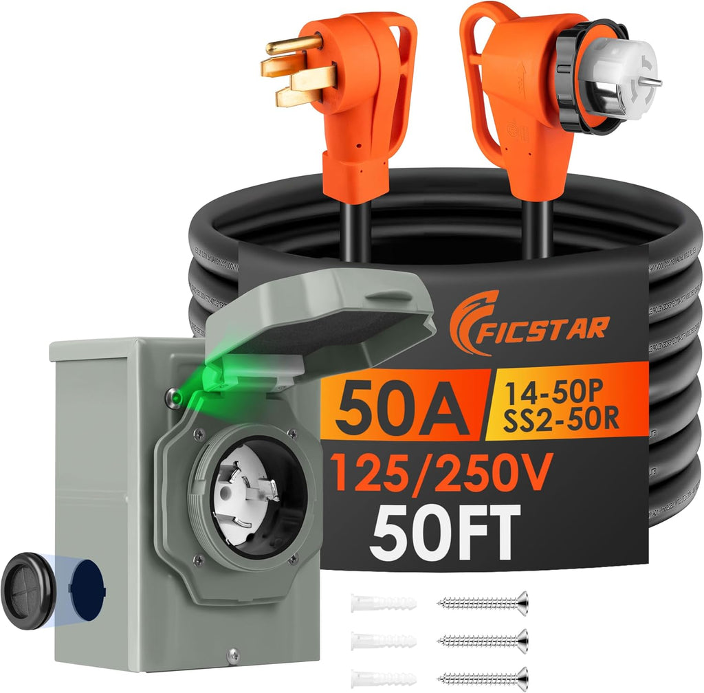 50FT 50 Amp Generator Cord and Power Inlet Box Kit, NEMA 14-50P to SS2-50R Generator Extension Cord, Pre-Drilled 50 Amp Generator Inlet Box with STW Wire, 125/250V, 12500W;UL&ETL Listed