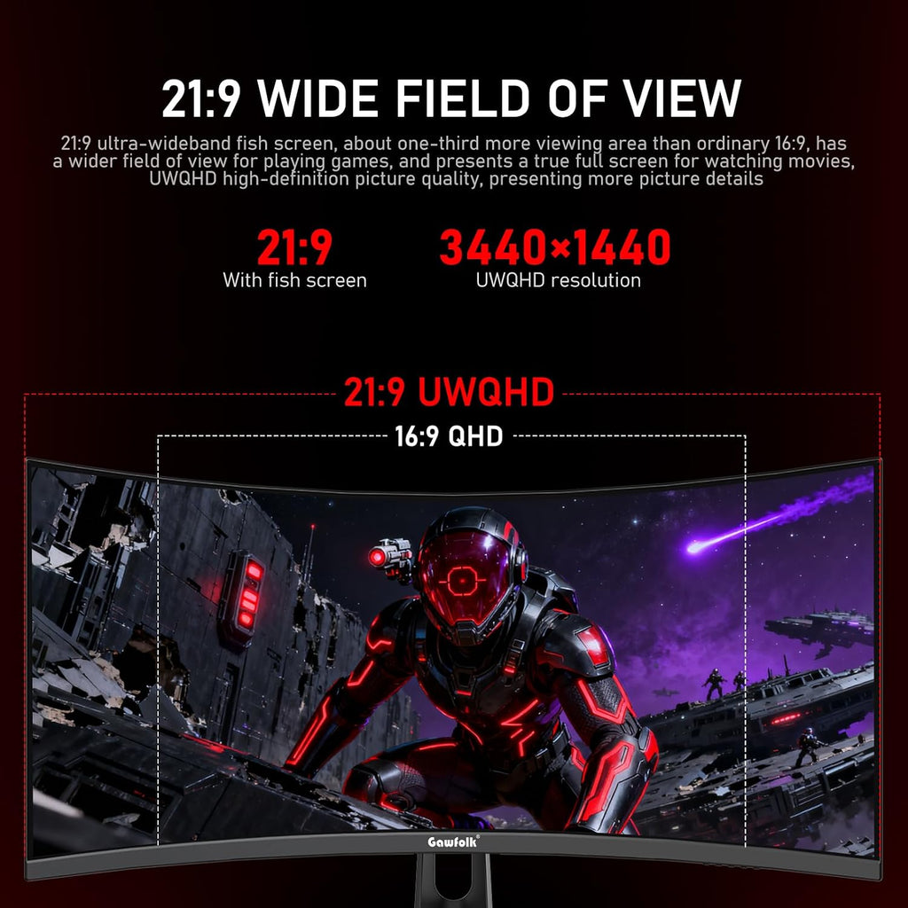 Gawfolk 34 Inch Ultrawide Curved 180Hz Gaming Computer Monitor,1500R PC Screen 21:9 UWQHD (3440x1440),120% sRGB,Adaptive Sync,178° Viewing Angle,Display Port、HDMI,Compatible with Wall mounting -Black