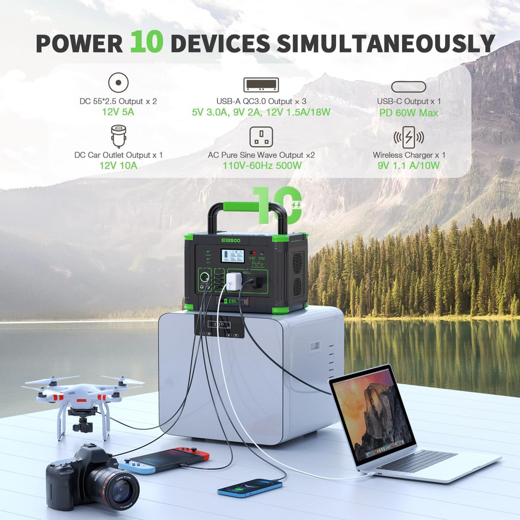 EBL 519Wh Solar Generator Kit 500W(Peak 1000W) Portable Power Station with 100W 20V Solar Panel, Backup Battery Power Supply for RV/Van Camping Fishing Climbing Road Trip Home Use
