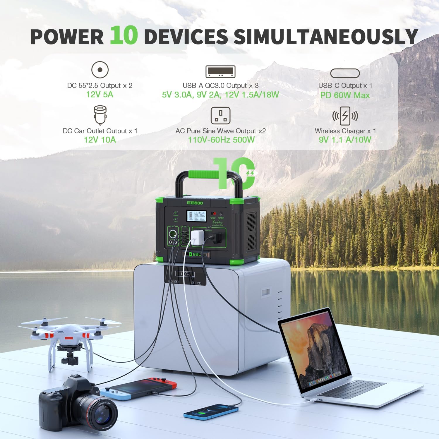 EBL 519Wh Solar Generator Kit 500W(Peak 1000W) Portable Power Station with 100W 20V Solar Panel, Backup Battery Power Supply for RV/Van Camping Fishing Climbing Road Trip Home Use