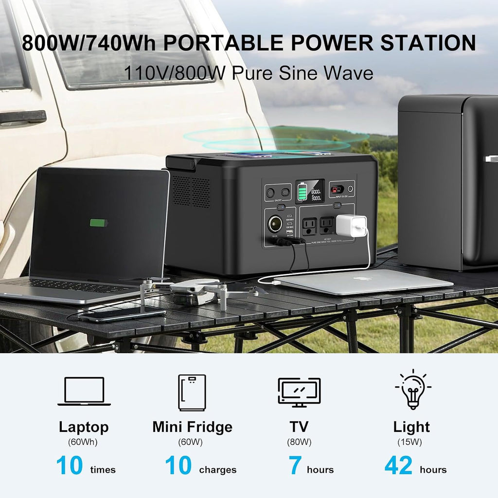 powkey Portable Power Station 800W with 3 AC Outlets, 740Wh Solar Powered Generator(Solar Panel Optional), Emergency Backup Lithium-ion Battery for Outdoors Travel RV Trip Camping CPAP Machine