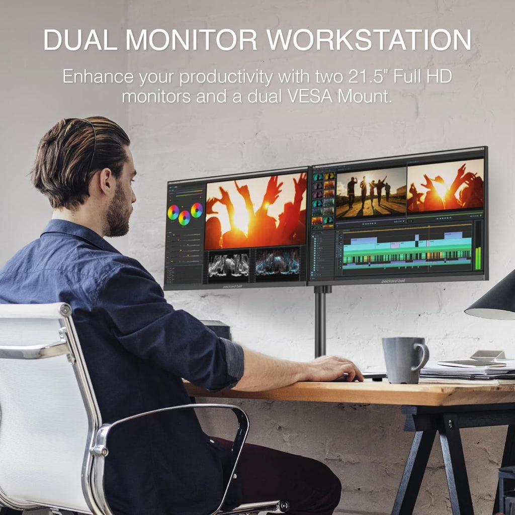 Packard Bell airFrame Dual Monitor Workstation – Two 21.5' Full HD Screens, VESA Mount, 1920x1080, 75Hz, Tilt Adjustable, HDMI/VGA, Slim Bezel – Ideal for Home, Office, Productivity & Light Gaming