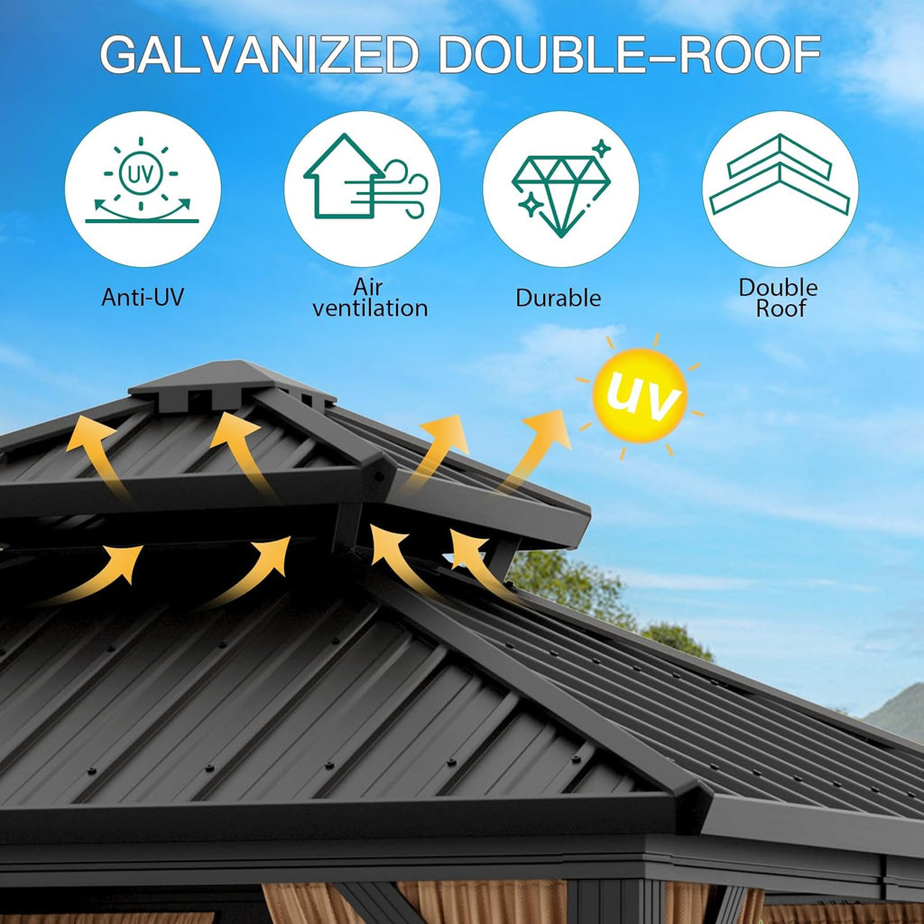 GarveeLife 10x10 ft Hardtop Gazebo, Aluminum Double Roof Gazebos with Netting and Curtains, Outdoor Permanent Gazebo for Garden, Patio, Backyard, Deck, Lawns (Brown, 10x10 ft)