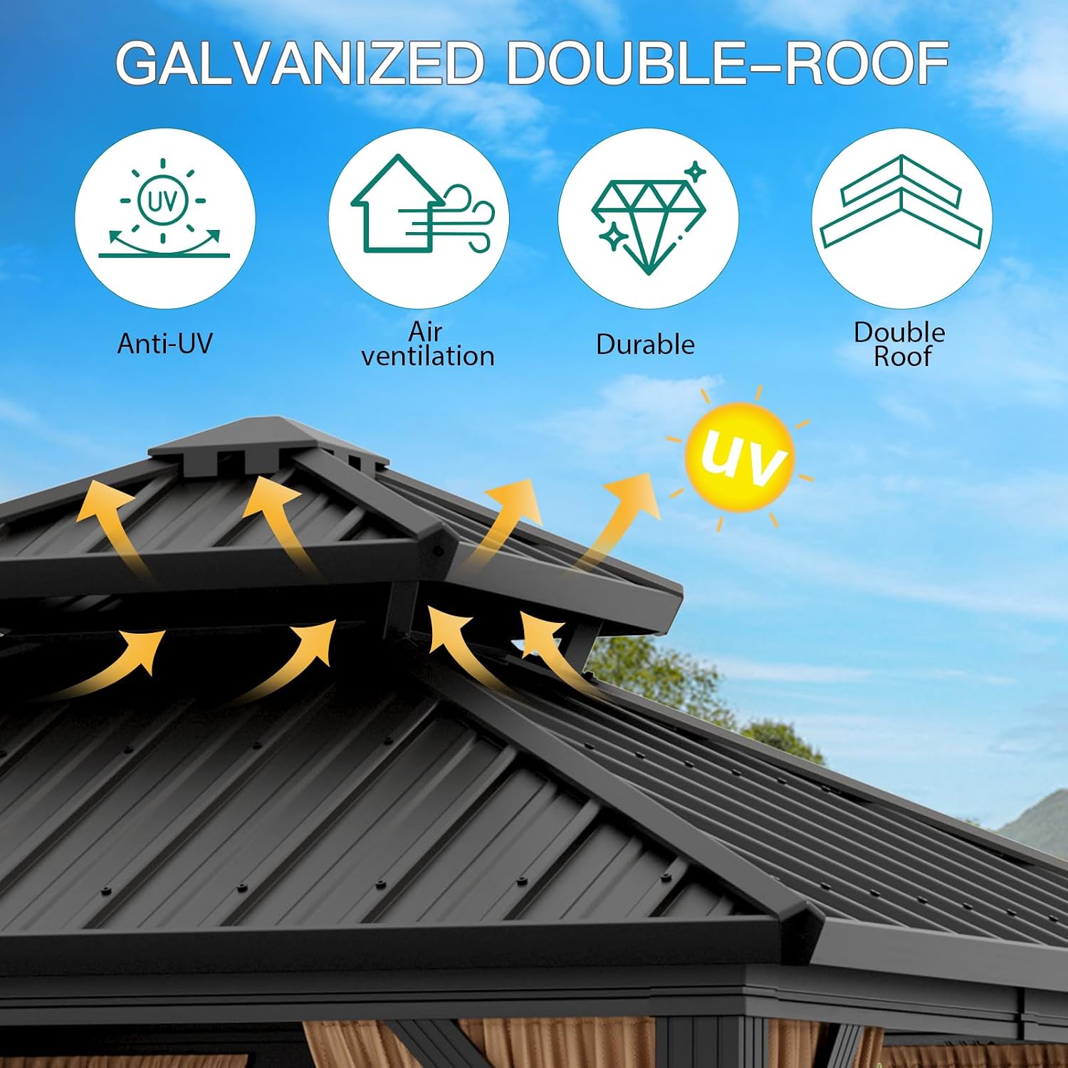 GarveeLife 10x10 ft Hardtop Gazebo, Aluminum Double Roof Gazebos with Netting and Curtains, Outdoor Permanent Gazebo for Garden, Patio, Backyard, Deck, Lawns (Brown, 10x10 ft)