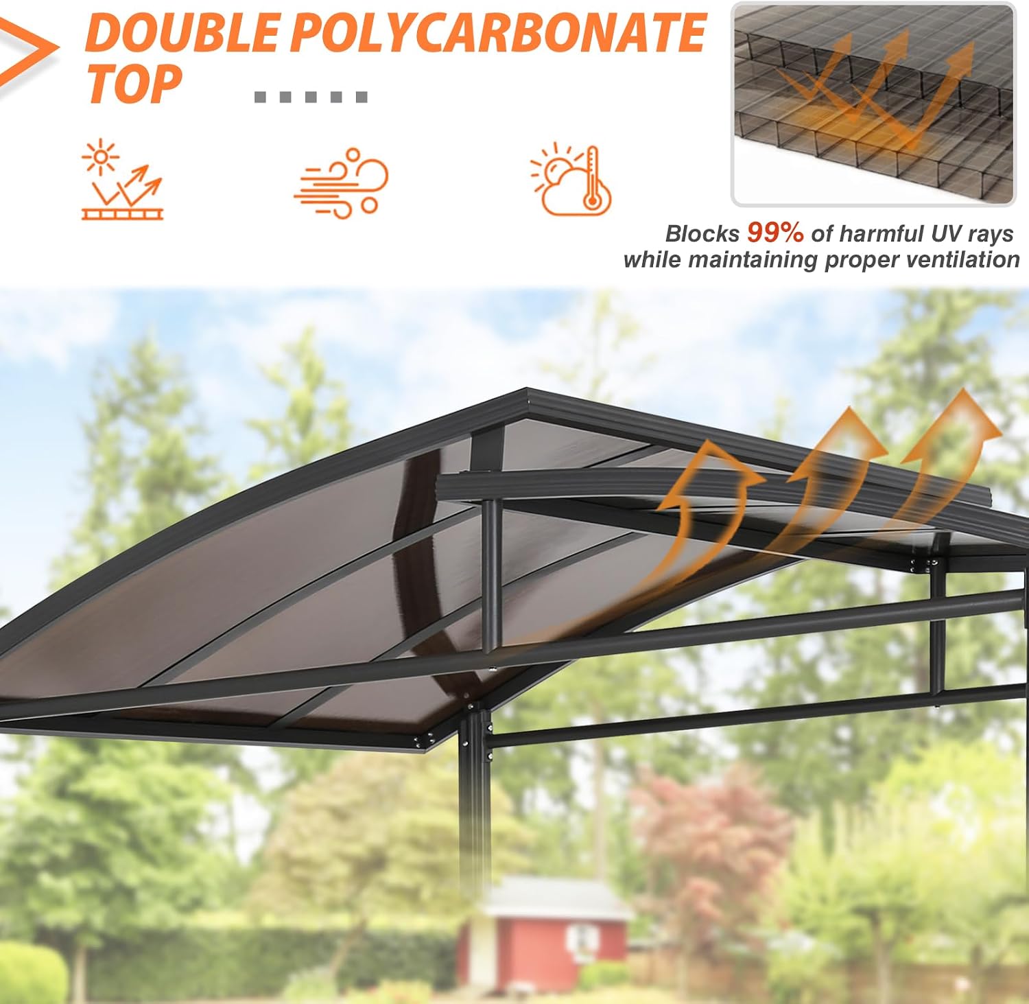 EAGLE PEAK 8x5 ft Grill Gazebo, Steel Frame Outdoor BBQ Cover, Double-Tier Polycarbonate Barbecue Canopy with Shelves