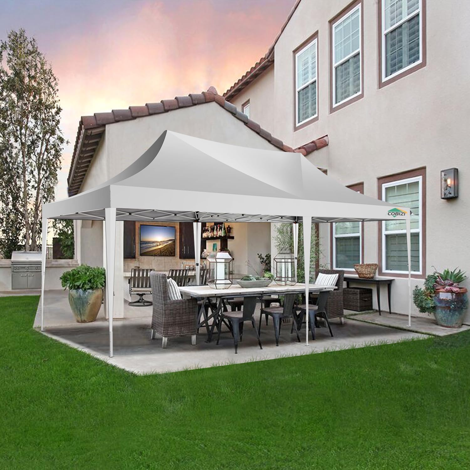 COBIZI 10x20 Pop Up Canopy Tent with Sidewalls,Party Tent Outdoor Gazebos, Waterproof & UV50+,3 Adjustable Heights,Higher Frame Design - Extra Tall for Parties Backyard,Weddings,Markets, White