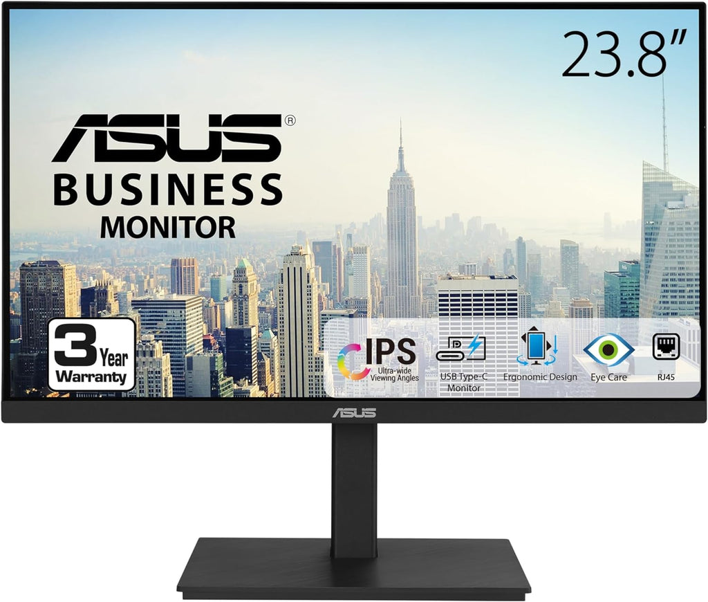 ASUS 23.8' 1080P Docking Monitor (VA24ECPSN) - Full HD, IPS, 75Hz, Adaptive-Sync, Speakers, Eye Care, Low Blue Light, Flicker Free, USB-C, RJ45, HDMI, Frameless, Height Adjustment, VESA Wall Mountable