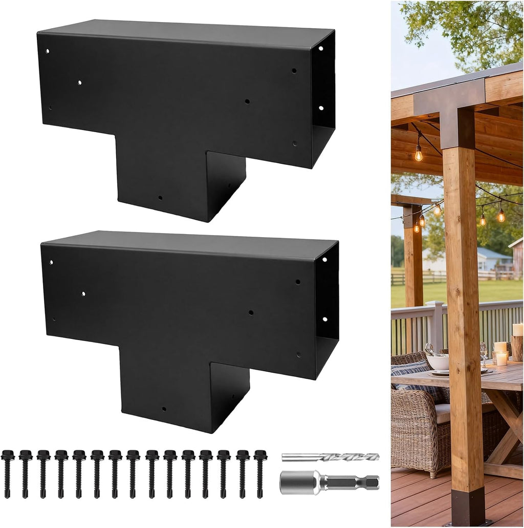 3-Way T-Shaped Pergola Brackets Kit,DIY Woodwork Brackets for 6' x 6' (Actual:5.5' x 5.5') Lumber for Patio Pergolas,Gazebos,Log Cabin W/Hardware - 2Pack