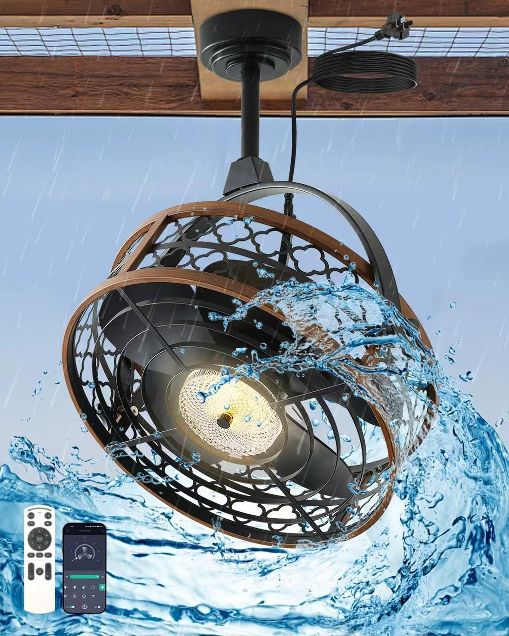 Outdoor Ceiling Fan with Light, IP55 Rated Waterproof Ceiling Fan with Tilting Head & Plug in Cord Remote and App Control - Caged Design for Patios Garage Gazebo Pergolas Pavilions 20 Inch