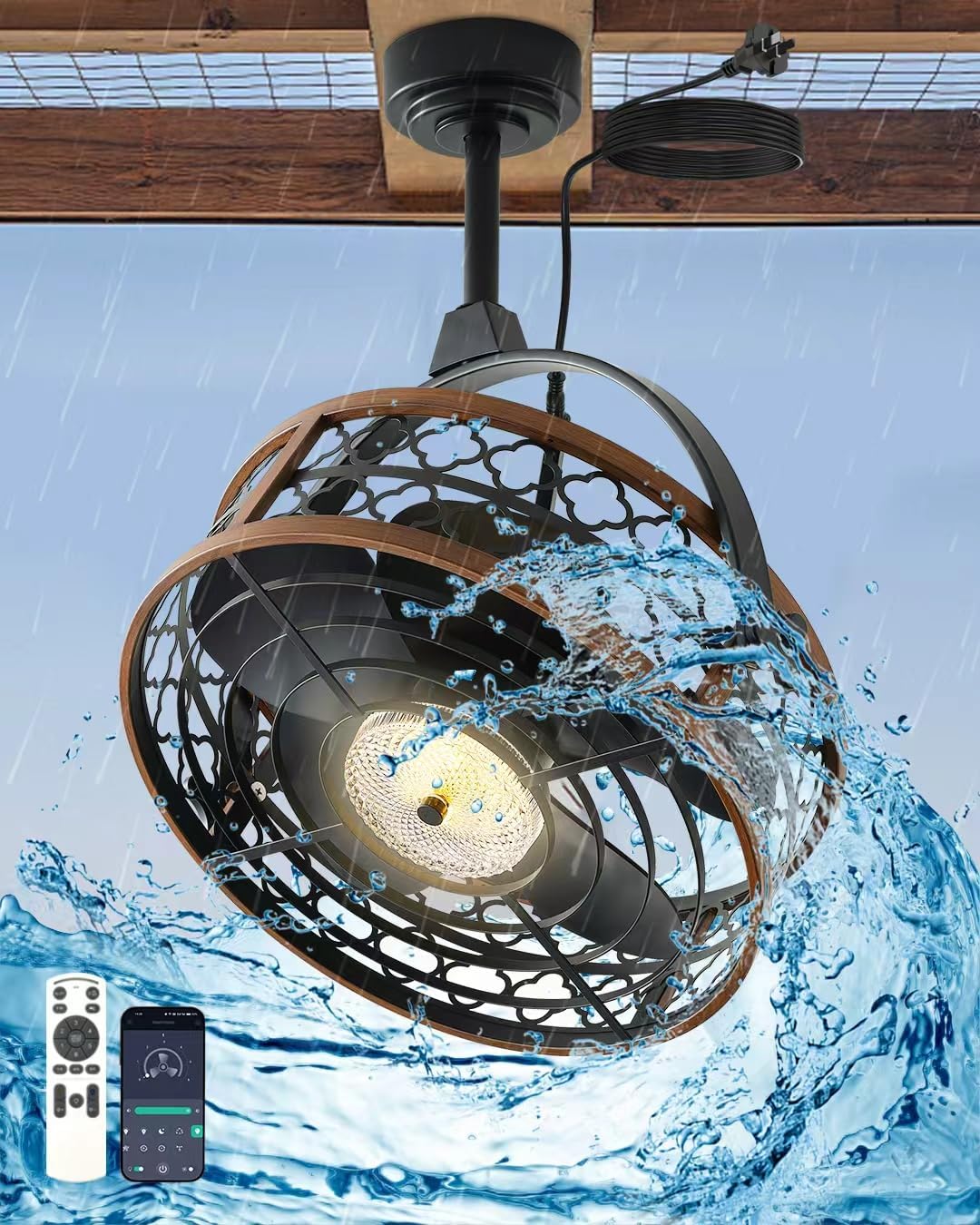 Outdoor Ceiling Fan with Light, IP55 Rated Waterproof Ceiling Fan with Tilting Head & Plug in Cord Remote and App Control - Caged Design for Patios Garage Gazebo Pergolas Pavilions 20 Inch