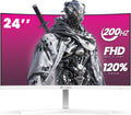 CRUA 24' Curved Gaming Monitor, 165Hz/200Hz Computer Monitor, FHD 1920x1080, 120% sRGB, AMD FreeSync, Blue Light Filter, for Gaming & Office, Wall Mountable- White