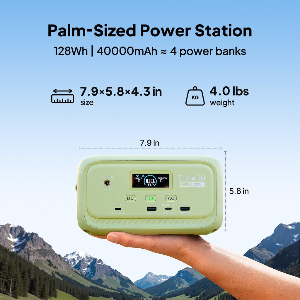 BLUETTI Elite 10 Mini Portable Power Station, 128Wh LiFePO4 Battery with 200W AC Outlet, 10ms UPS Backup, Fast Recharge Solar Generator for Camping, Travel & Outage Emergency Backup (Meadow Green)