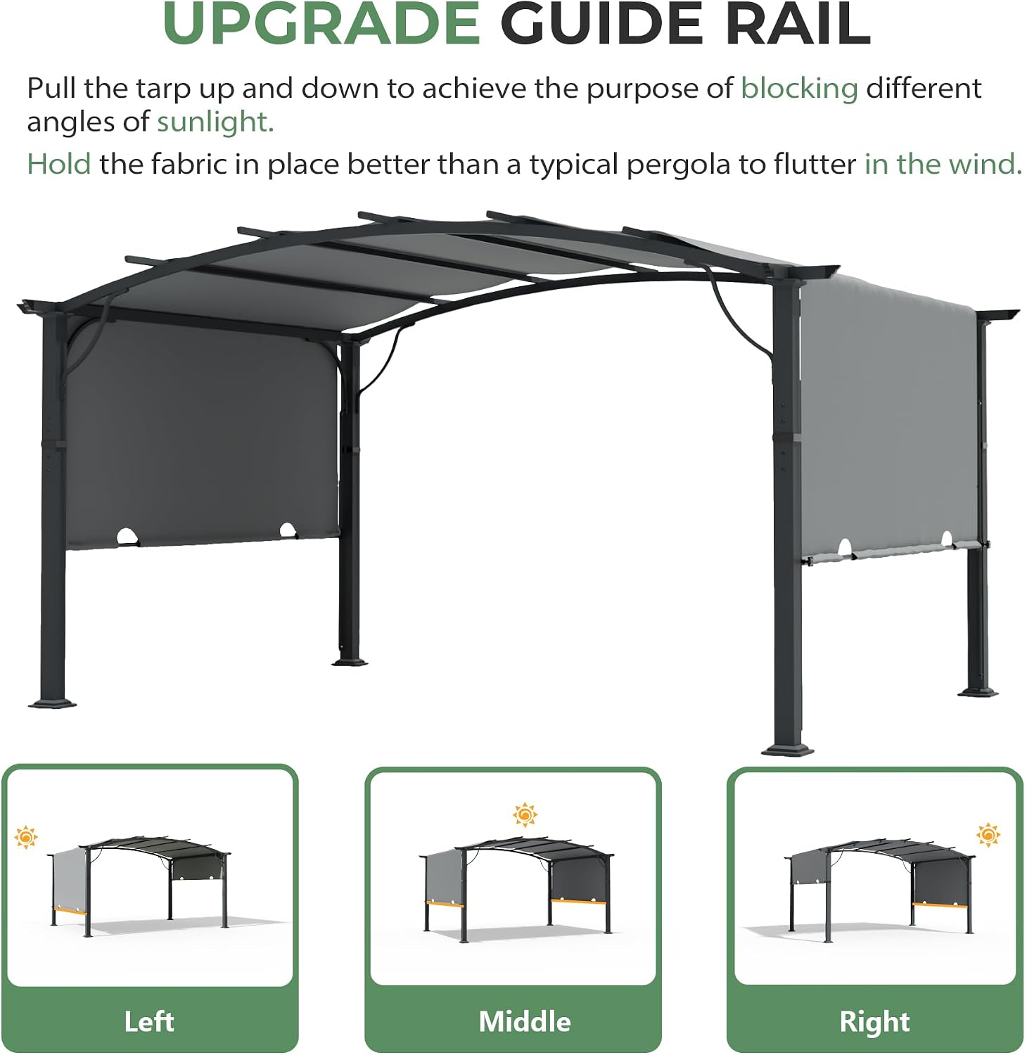 10' x13' Arched Outdoor Pergola for Deck, Outdoor Retractable Pergola with Canopy and Hardware, Small Aluminum Frame with Canopy Fixed in Various Positions (Grey)
