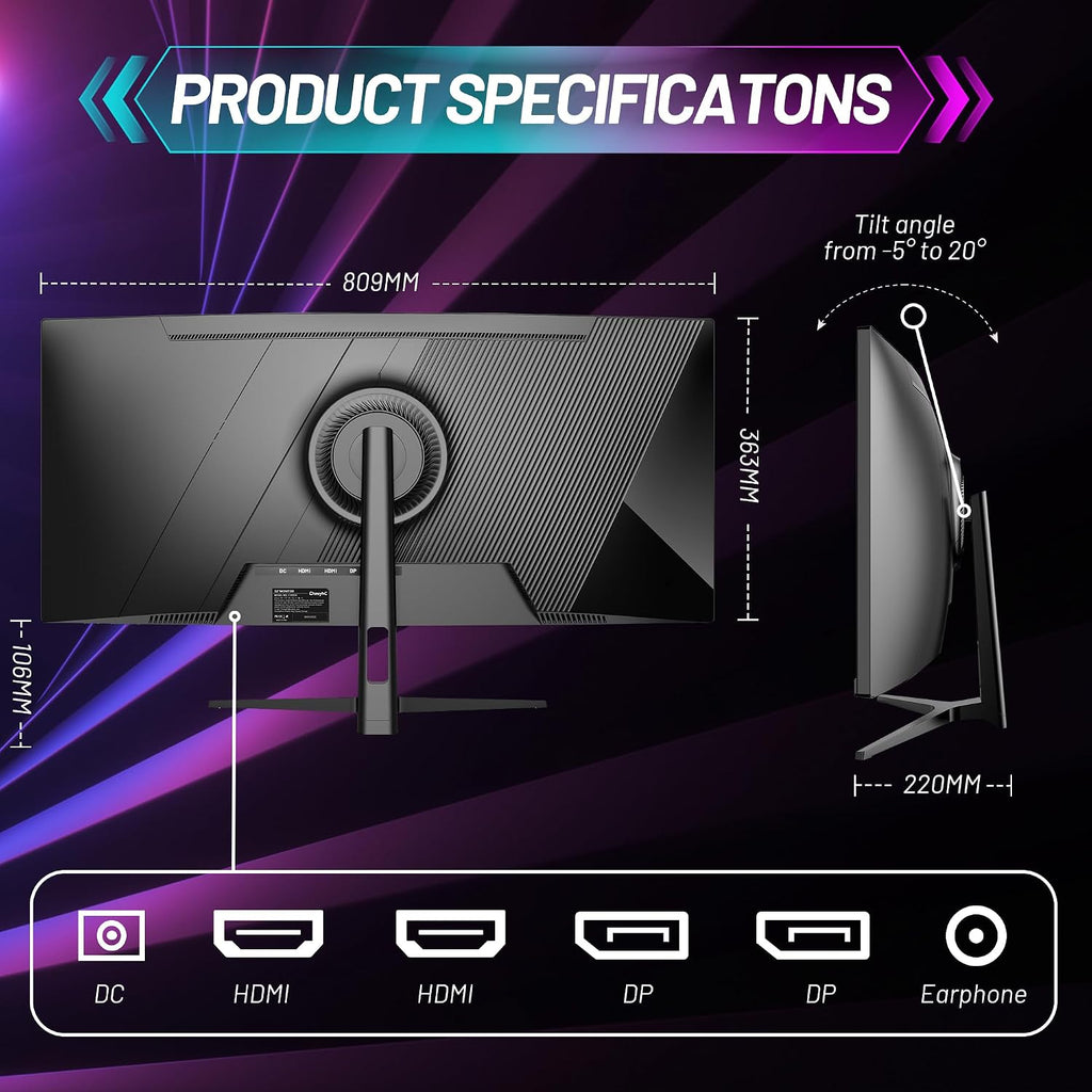 34 Inch Ultrawide Curved Gaming Monitor - WQHD 3440x1440p, 165Hz, 120% sRGB, FreeSync, VESA Mountable (DP&HDMI Cable Incl.) - Immersive PC Monitor for Gamers & Professionals, Black