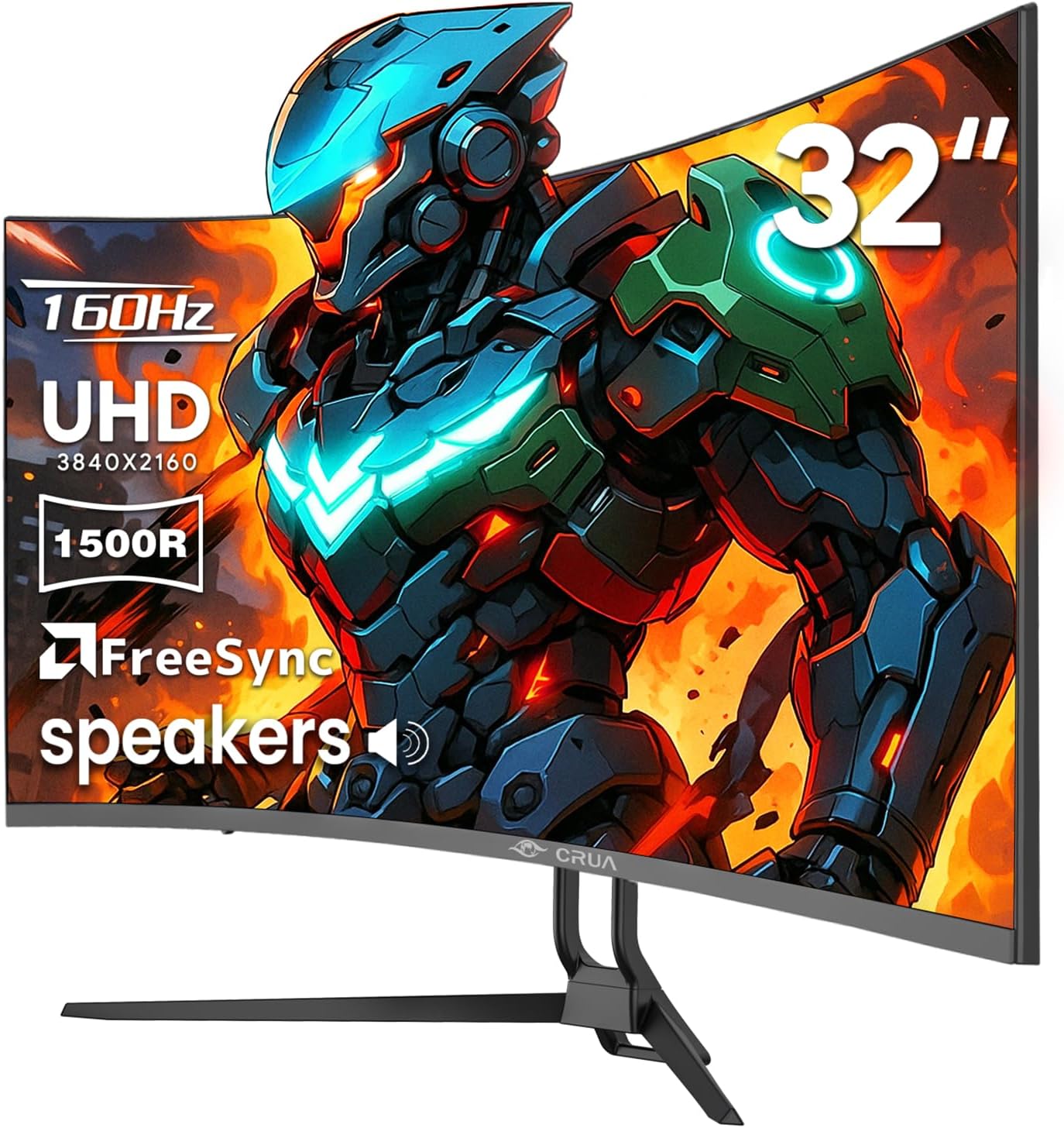 CRUA 32' Curved Gaming Monitor, 4k UHD(3840 * 2160P) VA Screen, 1500R, 144Hz/160Hz Computer Moniter, Supports AMD Freesync, 120% sRGB, Built-in Speakers, Wall Mountable Installs(HDMI 2.1/DP 1.4)-Black