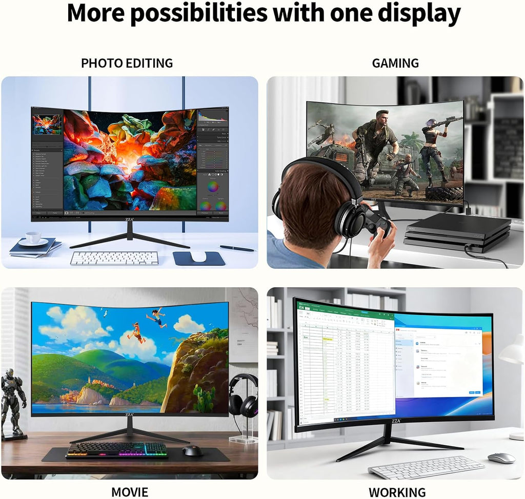 ZZA 32 Inch 4K 1500R Computer Monitor, UHD (3840 x 2160) 60Hz Ultra-Clear Screen, 100% sRGB,Eye Care Screen with HDMI, DisplayPort for Home and Office, VESA(100x100mm)