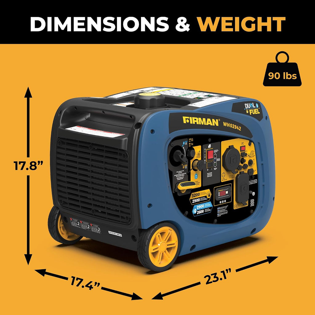 FIRMAN WH02942 Dual Fuel Inverter Portable Generator, 3200W Electric Start, Quiet 58 dB Operation, RV Ready TT-30R Outlet, Clean Inverter Power, Gas or Propane for Camping, Home Backup, Outdoor Use