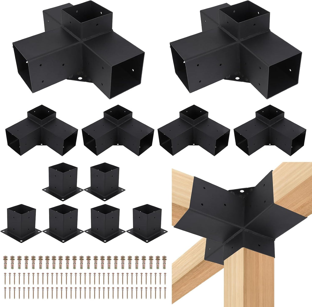 Pergola Brackets 4' x 4', 4 Pack 3-Way Angle Corner Brackets with 6 Pack Post Pergola Brackets, 2 Pack 4-Way Pergola Brackets, Powder Coated Pergola Hardware for Lumber Pergola Gazebo Sunroom