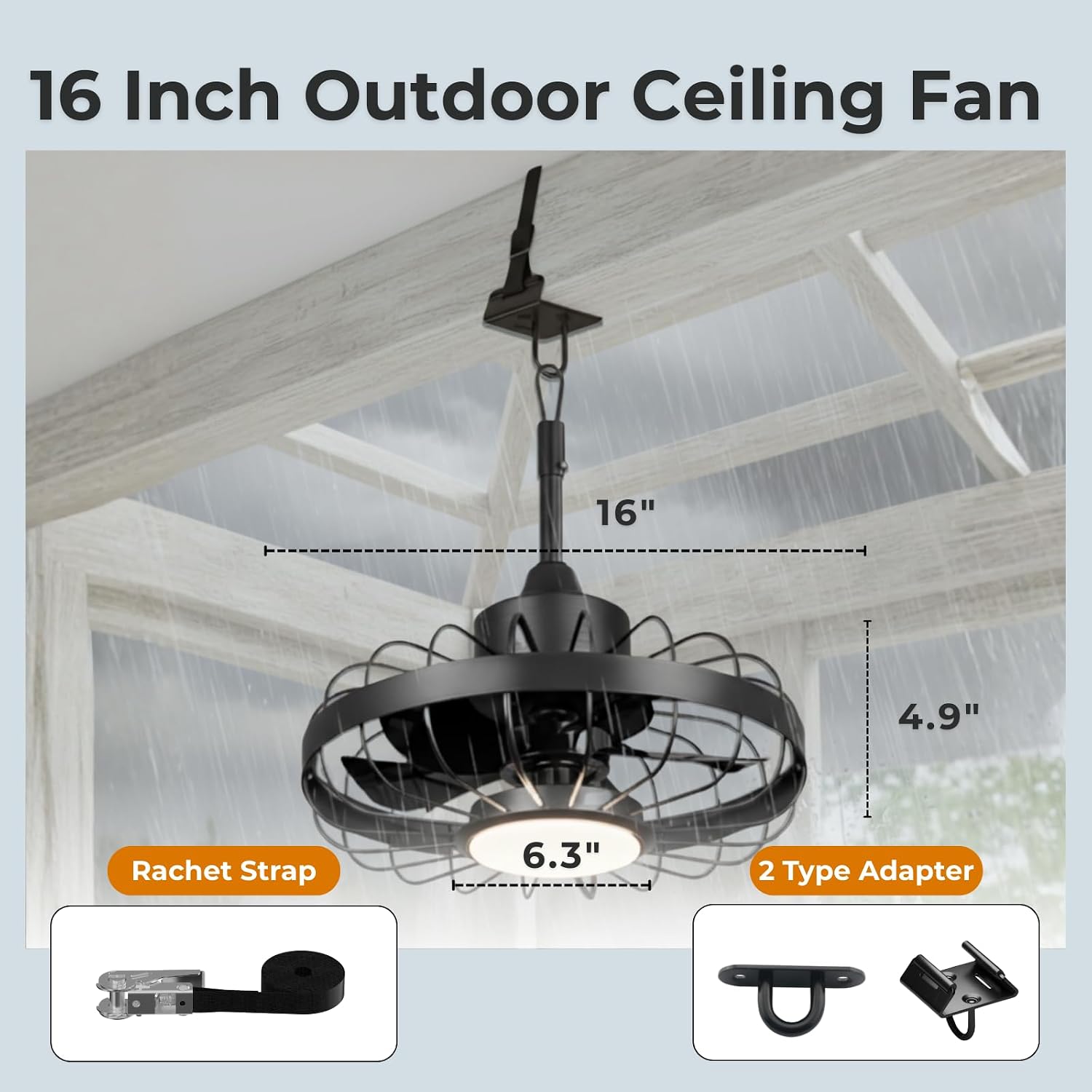 ZeboZap 16' Outdoor Ceiling Fan with Lights, IP65 WaterProof with for Patios, Canopy, Gazebo, and Pergola. Plug in Caged Fan with Remote Control, Quick Strap-On Installation | 3 Lights 6-Speeds fan