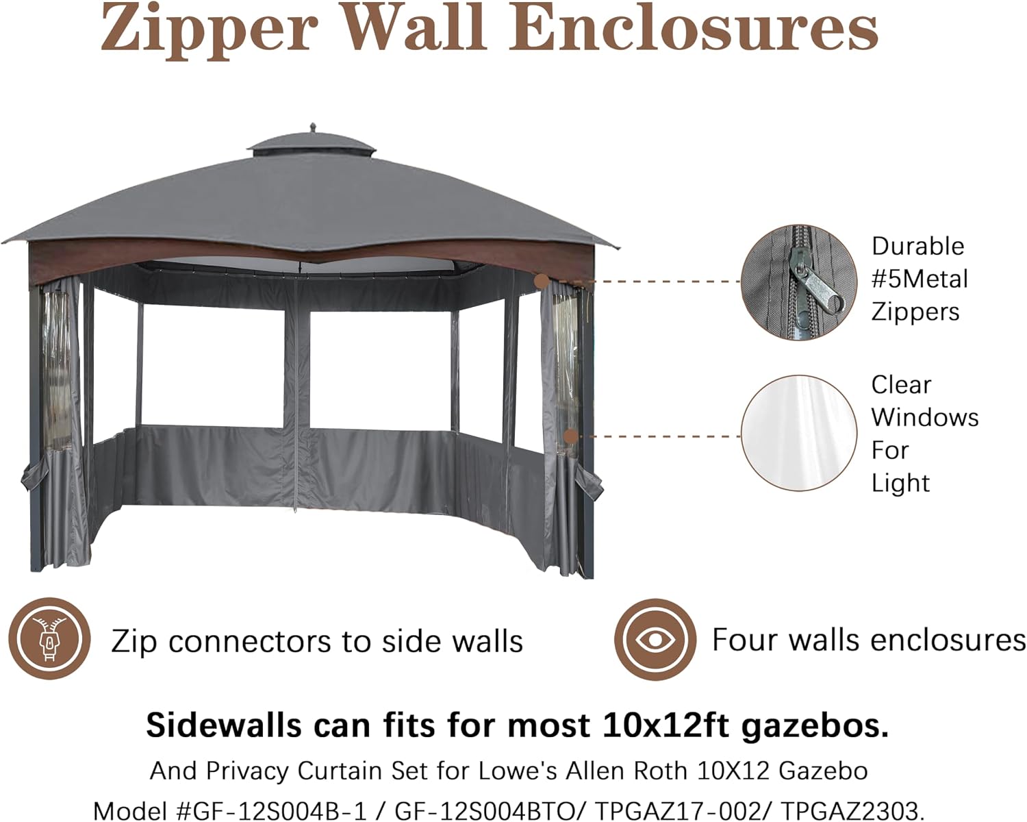 SCOCANOPY 10' x 12' Clear Window Gazebo Privacy Curtain Set for 10X12 Gazebo, (Gray)