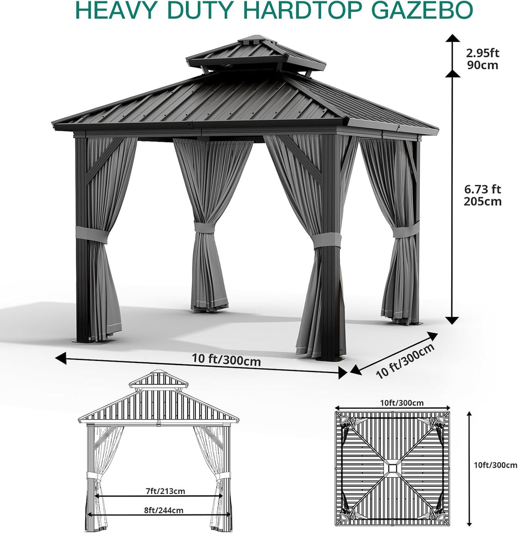GarveeLife 10x10 ft Double Roof Hardtop Gazebo, Heavy Duty Galvanised Steel Hardtop Pavilion with Nettings and Curtains, Aluminum Gazebo for Patio, Terrace, Lawn and Deck, Grey
