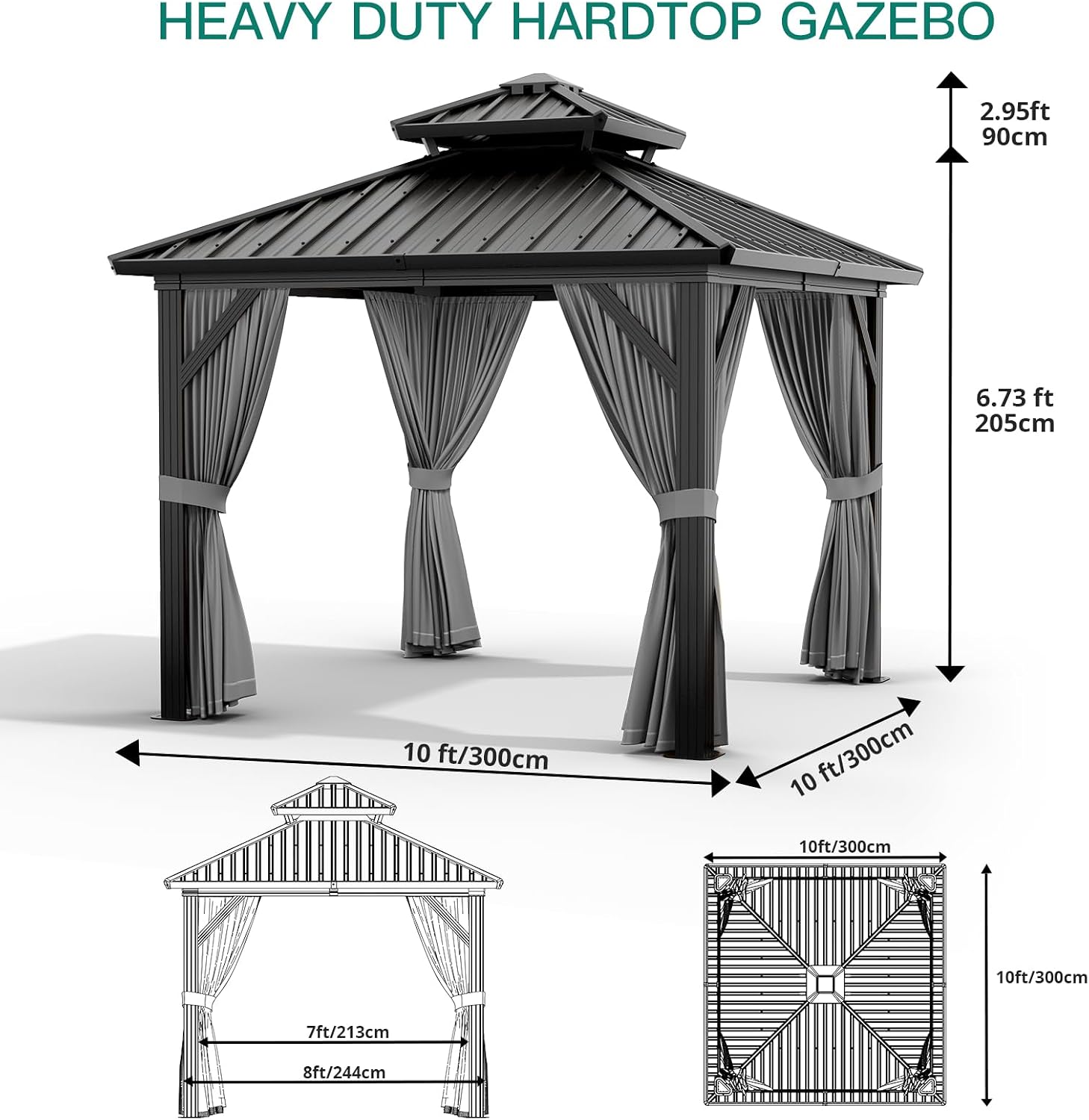 GarveeLife 10x10 ft Double Roof Hardtop Gazebo, Heavy Duty Galvanised Steel Hardtop Pavilion with Nettings and Curtains, Aluminum Gazebo for Patio, Terrace, Lawn and Deck, Grey