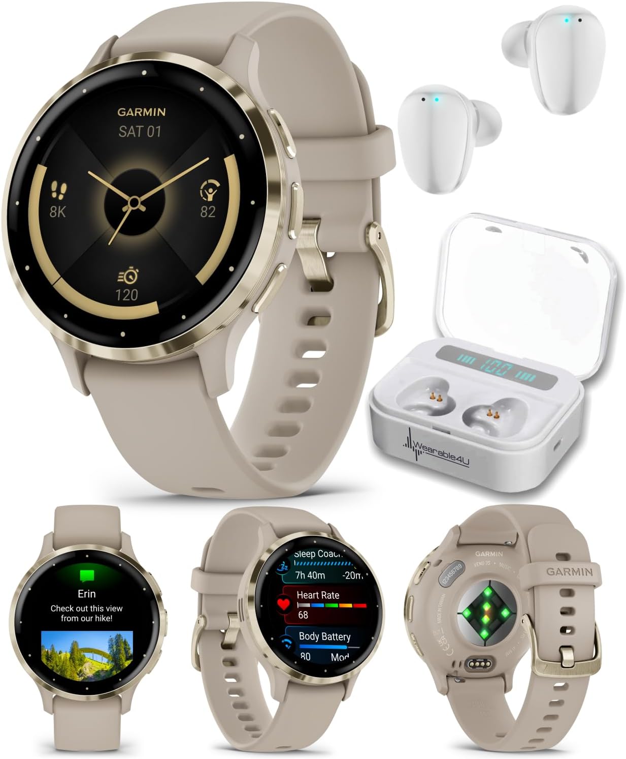 Garmin Venu 3S GPS Smartwatch AMOLED Display 41mm Watch, Advanced Wellnes and Fitness Features, Up to 10 Days of Battery, Sleep Coach, French Gray White Earbuds Bundle