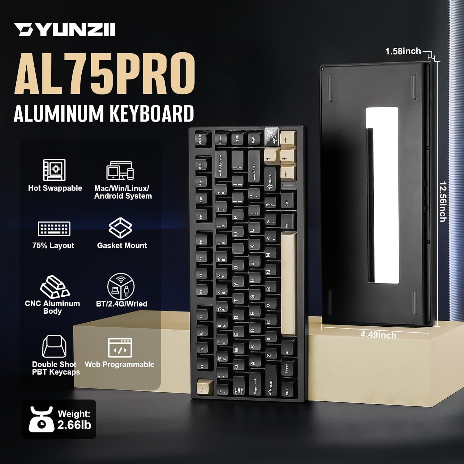 YUNZII AL75 PRO 75% Wireless Mechanical Gaming Keyboard,Full Aluminum CNC,BT/2.4G/Wired,PBT Keycaps,Gasket Mounted Hot Swap,Custom RGB Backlight, Programmable for Mac/Win (Black, Gateron Zero)