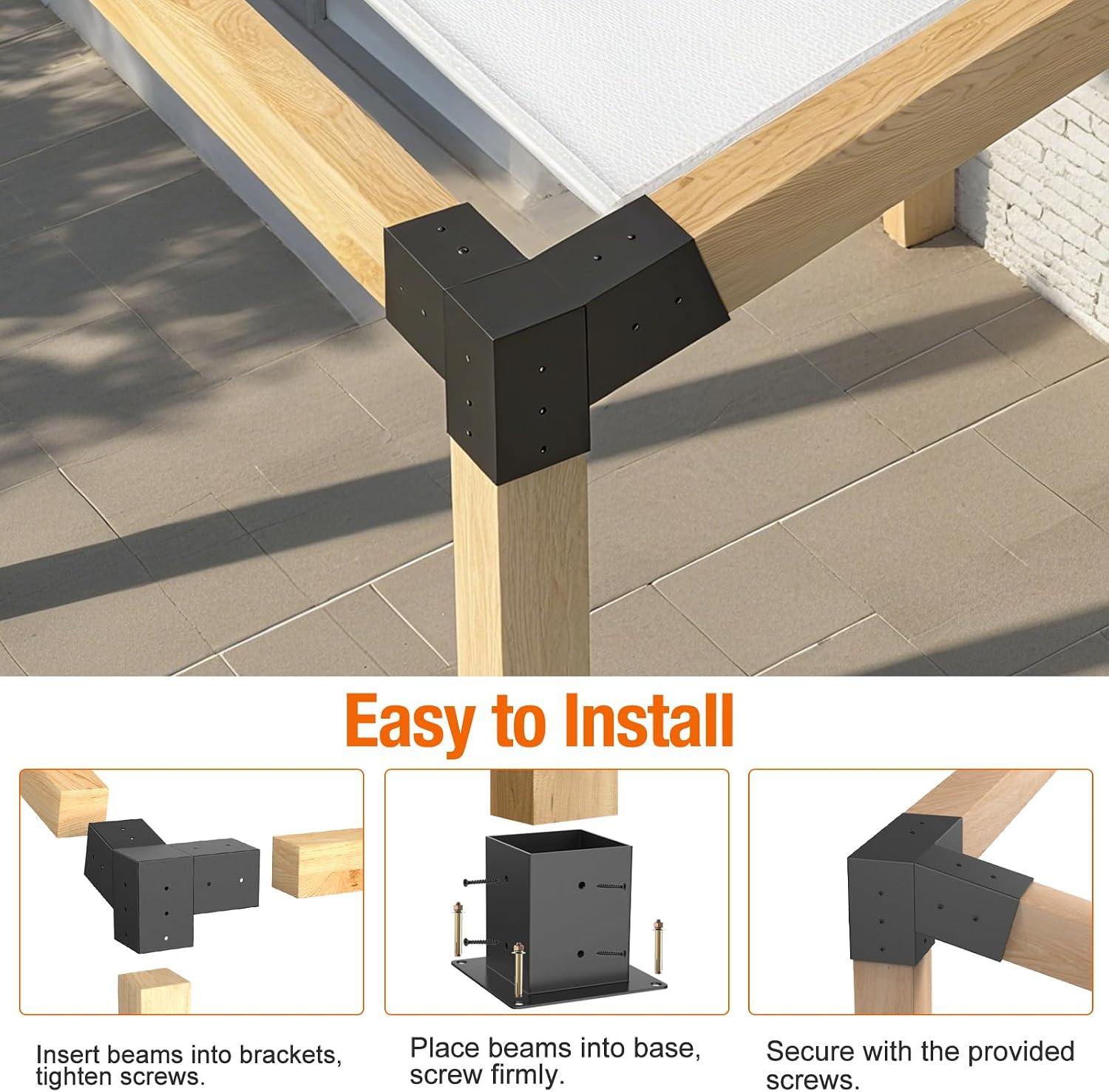 15° Slanted Roof Pergola Brackets, 3-Way Roof Wall Mount Extension Pergola Kit, 4''x4'' Wood Post Base Bracket, Corner Bracket for Gazebos, Patio Pergolas, Log Cabin (8PCS)