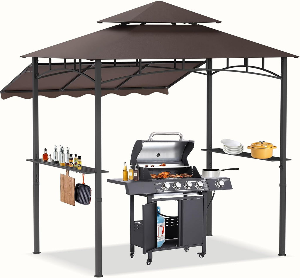 8x8x5 FT BBQ Grill Gazebo Outdoor, Double Tired Patio Canopy Tent with Side Awning Shelves, Barbecue Shelter with 14 Hooks and Bottle Opener for Backyard Garden Poolside, Brown