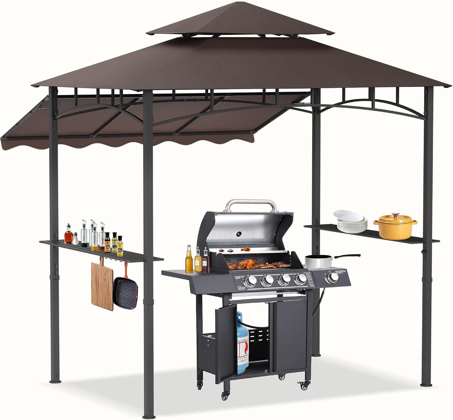 8x8x5 FT BBQ Grill Gazebo Outdoor, Double Tired Patio Canopy Tent with Side Awning Shelves, Barbecue Shelter with 14 Hooks and Bottle Opener for Backyard Garden Poolside, Brown