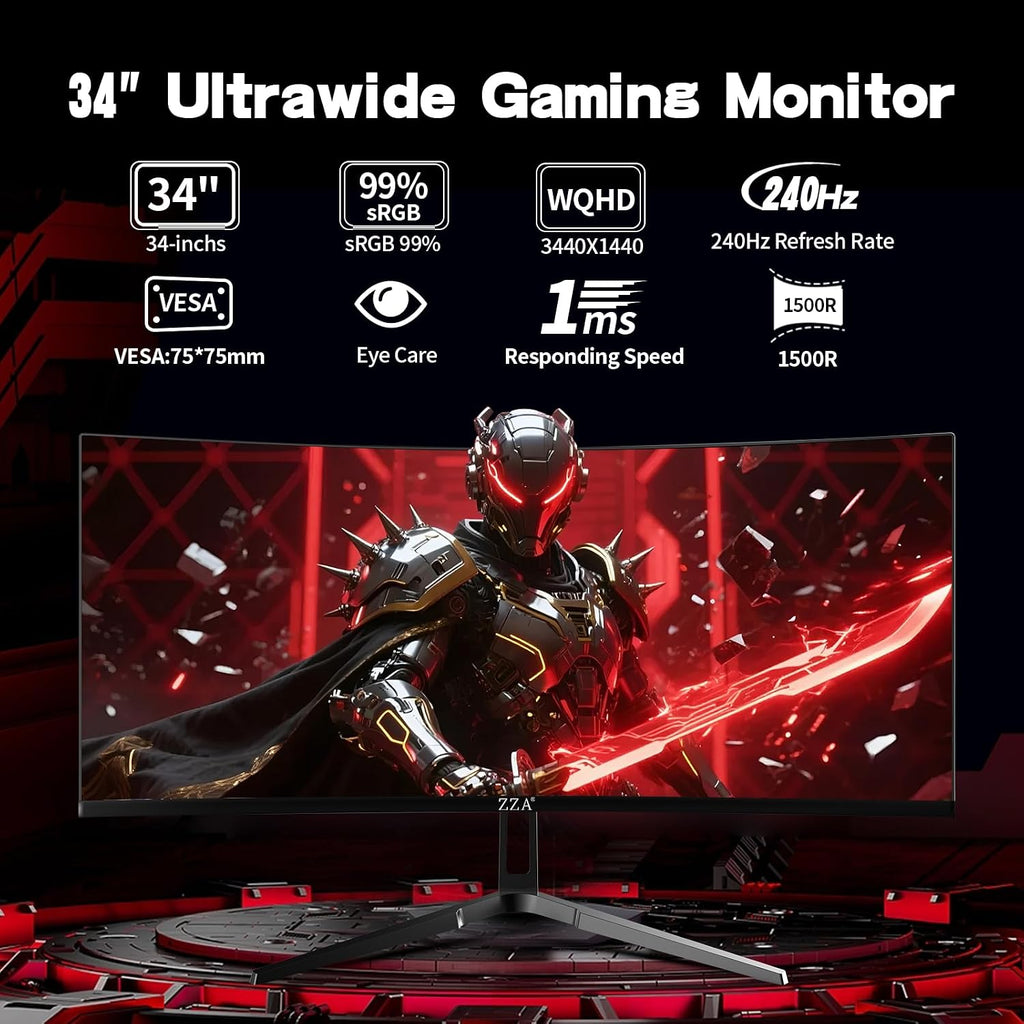 ZZA 34 Inch Curved Gaming Monitor, 3440x1440 UltraWide WQHD 240Hz, 1ms, Adaptive-Sync, HDR Display, 1500R, Bezel-Free Design, Eye Care, VESA Mount, for Gaming, Work, Streaming, Coding, Home Office