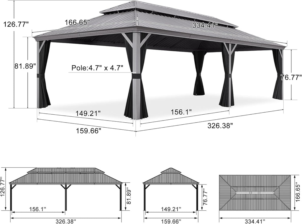 PURPLE LEAF 14' x 28' Permanent Hardtop Gazebo with Galvanized Steel Double Roof and Aluminum Frames Outdoor Large Pavilion Gazebo for Patio Deck Garden, Netting and Curtains Included, Light Grey