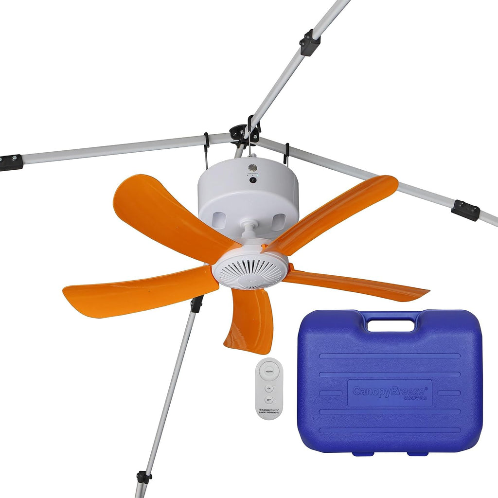 CB305 Large 31' Rechargeable Ceiling Fan for Canopies, Gazebos, Pergolas, Workshops & More. 6-Hour Run Time, Portable with Travel Case, Remote Control (Orange)