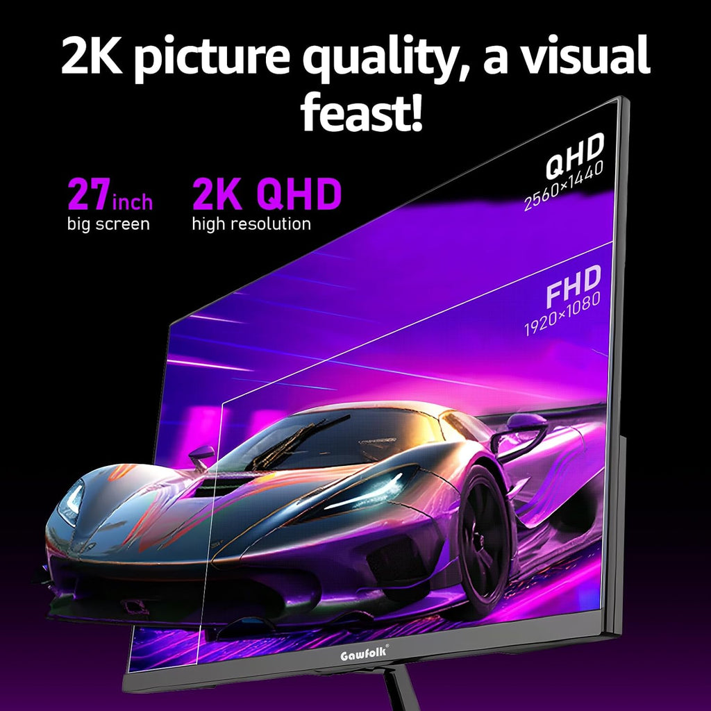 Gawfolk Gaming Monitor 27 inch QHD IPS, PC Screen 120Hz 2K (2560×1440P), Ultra-Thin Zero Frame Computer Display for Home Office Business, DP, HDMI, Wall-Mounted