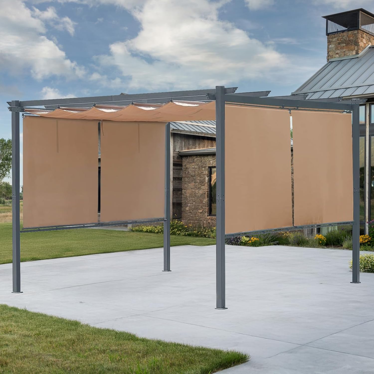 10 x 12 Ft Outdoor Aluminum Pergola, Retractable Canopy & 2 Sides Shades for Patio Backyard Garden Deck