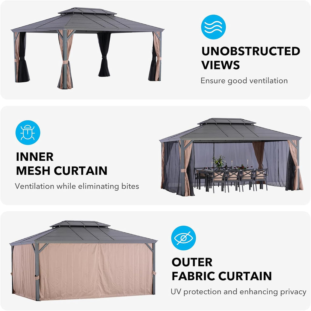 LeDoasis Nova 12' X 16' Permanent Hardtop Gazebo, Aluminum Metal Canopy with Galvanized Steel Double Roof, for Patio Lawn and Garden, Breathable Netting & Privacy Curtain Included