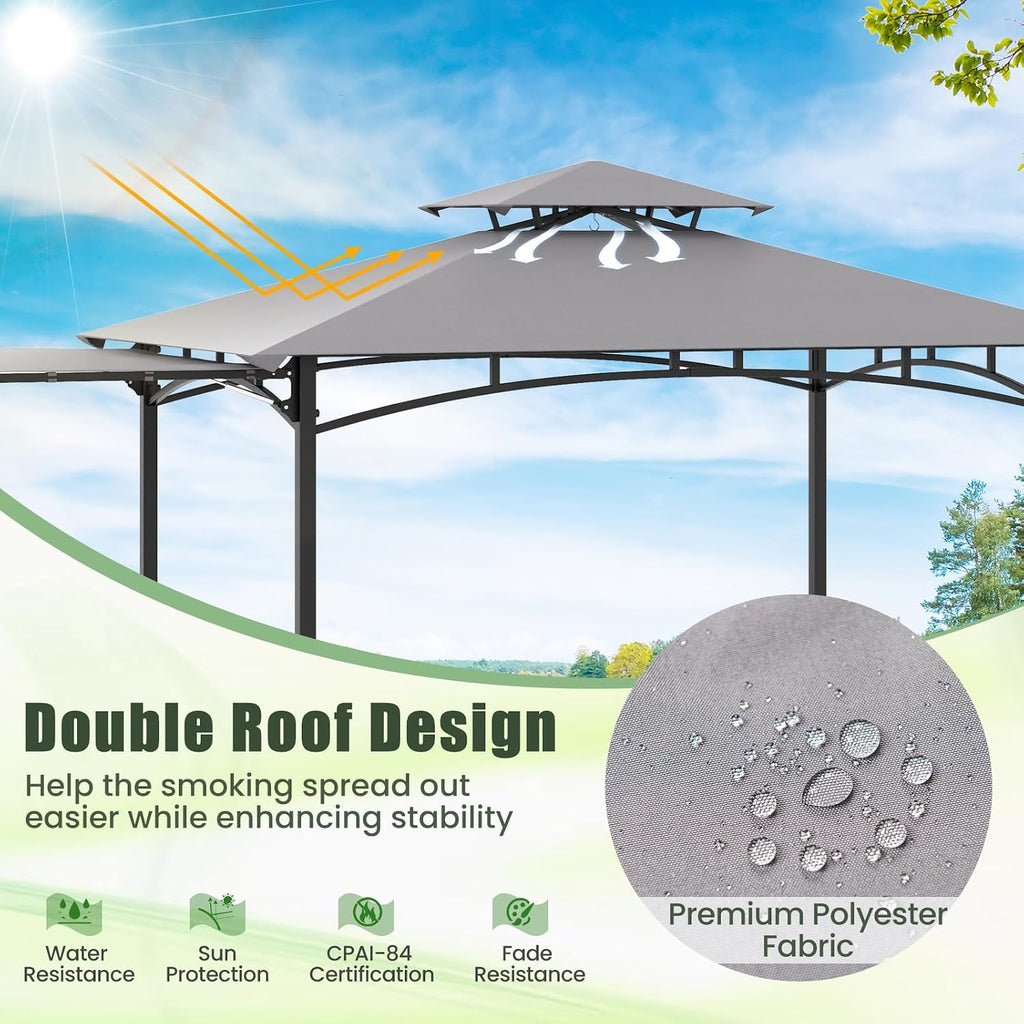 HAPPYGRILL Outdoor Grill Gazebo Canopy 11 x 5 FT, Barbecue Canopy with Double-Tiered Top, 2 Side Shelves, Hanging Hooks, Bottle Opener, Metal Frame, BBQ Grilling Shelter